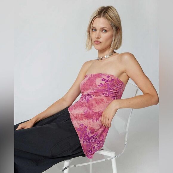 UO urban outfitters strapless y2k fairy asymetrical hem pink & purple sheer top - Picture 2 of 11